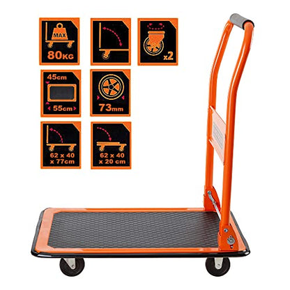 Black+Decker H303 Steel Platform Trolley with 80 kg Capacity, Portable Foldable Multi-functional Dolly Push Cart with 360 Degree Swivel Wheels and Soft Grip Handle, Orange Colour,(60 x 40 x 80.5 cm)
