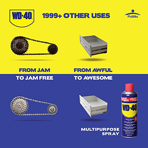 पिडिलाइट WD-40, बहुउद्देशीय कार केयर स्प्रे, 420 मिलीलीटर जंग हटाने वाला, स्नेहक, दाग हटाने वाला, शक्तिशाली चिमनी क्लीनर, डीग्रीज़र, और बाइक चेन क्लीनर और चेन ल्यूब (341 ग्राम)