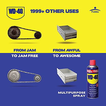 पिडिलाइट WD-40, बहुउद्देशीय कार केयर स्प्रे, 420 मिलीलीटर जंग हटाने वाला, स्नेहक, दाग हटाने वाला, शक्तिशाली चिमनी क्लीनर, डीग्रीज़र, और बाइक चेन क्लीनर और चेन ल्यूब (341 ग्राम)