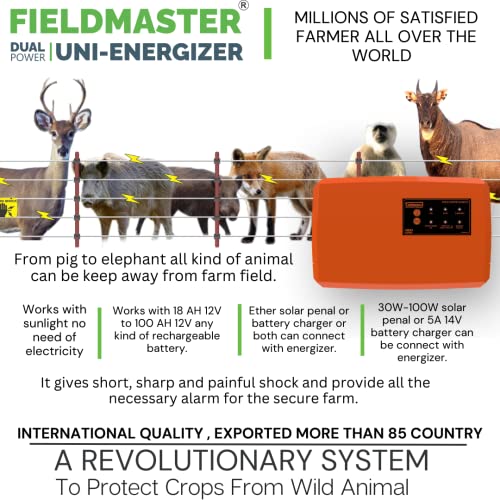 Fieldmaster Eectric & Solar Oprated Zatka Machine Fence Energizer Guard 2 Joule for 1000 Meter 10 Acre Area Coverd (20 Acre)