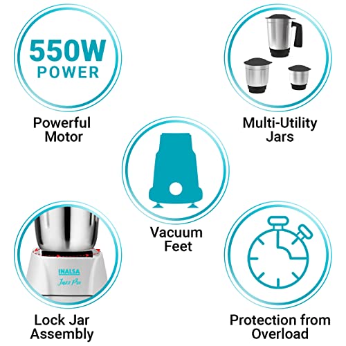 INALSA Mixer Grinder Jazz Pro -550W with 3 Stainless Steel Jars| 30 Min Motor Rating| Robust Nylon Coupler | Overload Protection| ISI Certified| 2 Year Warranty