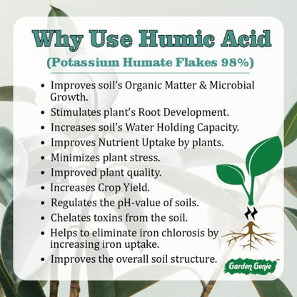 Garden Genie Humic Acid for Plants (Potassium Humate Flakes 98%) | Plant Growth Enhancer, Soil Conditioner, Improves Plant Root System, 900 gm