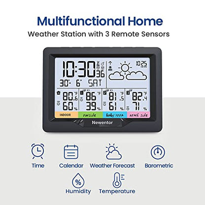 Newentor Weather Station Wireless Indoor Outdoor Multiple Sensors, Digital Atomic Clock Weather Thermometer, Temperature Humidity Monitor Forecast Weather Stations with Backlight