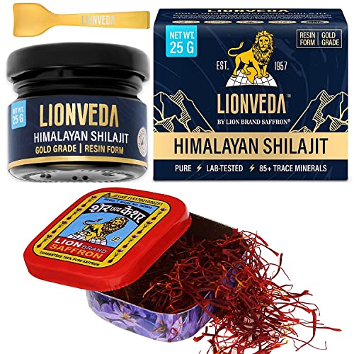 LION SAFFRON 1g Kashmiri Saffron Kesar + LIONVEDA 25g Original Shilajit for Stamina, Energy and Overall Health (Shilajit Kesar/Shilajit Saffron) (Himalayan Shilajit Resin/Shilajeet)