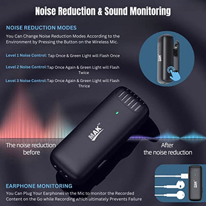 MMAK Dual Wireless Lavalier Mic with Charging Case, Noise Reduction Modes Collar Microphone for Video Recording, YouTube, Facebook, Live Stream, Compatible for Type C Android & iPhone