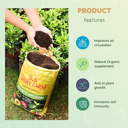 S.S. Dairy Farm Organic Vermicompost (JAIVIK KHAD) | Cow Manure & Earthworm | Best for Home Garden | Enriched Mineral for Potting Soil | Organic Compost Garden Soil | Nursery & Plants (10 KG)