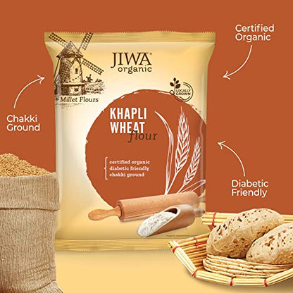 JIWA healthy by nature Organic Khapli Wheat Flour / Atta| Emmer Wheat Chakki Ground Flour | High In Fiber | Premium Whole Wheat Flour | Easy to Digest | Goodness of Dicoccum Wheat |Low Gluten Ancient Grain | Certified Organic Atta | 100% Natural | 1 kg