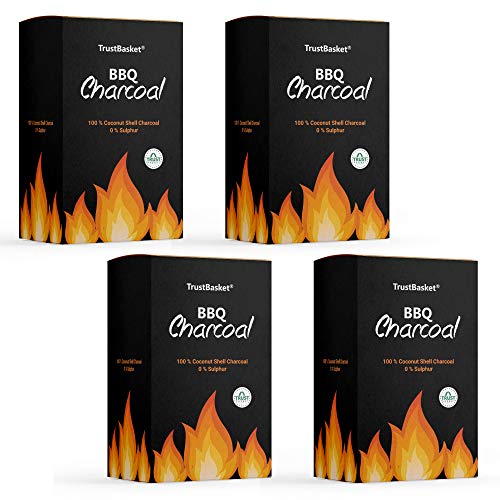 TrustBasket Charcoal Briquettes (5kg) with Free Starter Cubes - Long Burning Barbeque Charcoal with Low Smoke (Used in Grilling/Barbecue, Home) -Set of 4