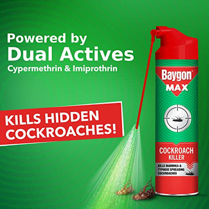 Baygon Max Cockroach Killer Spray, 625ml | Kills Diarrhea and Typhoid Spreading Cockroaches | 360 Degree Deep-Reach MaxiWand | Lasts Up To 4 Weeks