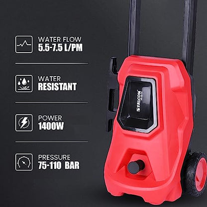 FALCON HiJet-75 Electric Garden Washer 1400W High Pressure 75 Bar Power Cleaner Machine Portable with Wheels Ideal for Car Home Garden