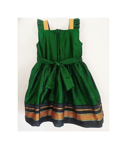 Kritika Girl's Short Sleeves Traditional Ethnic Wear Reshim Cotton Khan Frock (9-12 Months) Green