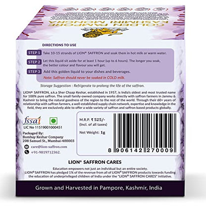LION SAFFRON, 1g, Grade A+++ Kashmiri Mongra Kesar/Keshar/Saffron for Pregnant Women, Biryani, Cooking, Sweets and Beauty (From Pampore, Kashmir)(Pack of 1, 1gram)