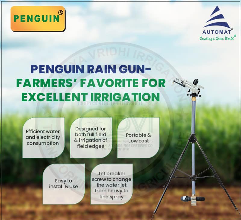 जलकिपारी® रिंगुन सेट कॉम्बोसह ऑटोमॅट HT40G पेंग्विन रेन गन, पूर्ण पाईप कनेक्टर किट, 4 फूट ISI GI राईसर पाईप, 3 लेग हाईट ॲडजस्टेबल स्टँड (GI फिटिंग) (3")