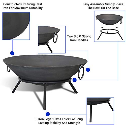 TrustBasket Heavy Gauge Campfire Bowl for Outdoor Garden Use, Outdoor Camping, Barbeque Making with Round Iron Stand - Black