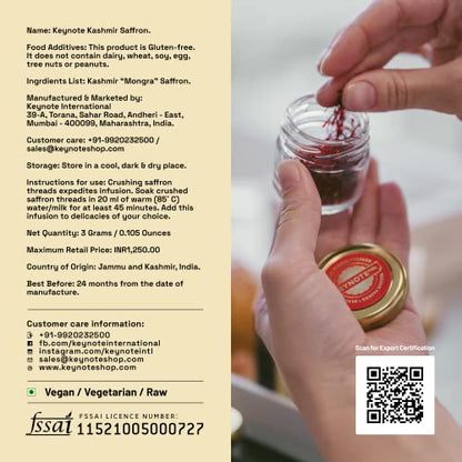 Keynote Kashmir Saffron | Kashmiri Kesar | Keshar | Whole Threads | Gift Box | Vacuum Packed Glass Bottle 3 g | Pack of 1