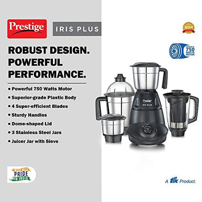 Prestige IRIS Plus 750 W Mixer grinder with 4 Jars (3 stainless steel Jars+ 1 Juicer Jar)| 4 Super efficient stainless blades | 2 years warranty| Black