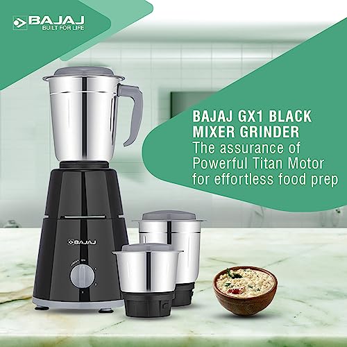 Bajaj Plastic Gx 1 Mixer Grinder,500W Titan Motor,3 Jars,2 In 1 Function Blade,Black, 500 Watts