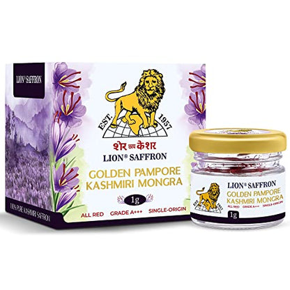 LION SAFFRON, 1g, Grade A+++ Kashmiri Mongra Kesar/Keshar/Saffron for Pregnant Women, Biryani, Cooking, Sweets and Beauty (From Pampore, Kashmir)(Pack of 1, 1gram)