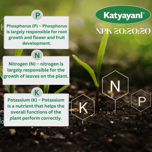 Katyayani NPK 20 20 20 Fertilizer for Plants with 2 Sample - Mix micronutrients and Organic Humic Acid Complete Plant Food 100% Water Soluble 500 Grams Pack