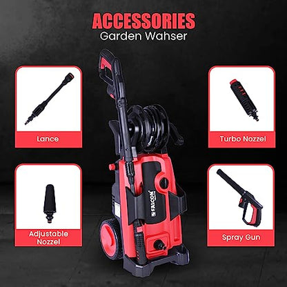 FALCON HiJet-110 Electric Garden Washer 2100W High Pressure 110 Bar Power Cleaner Machine Portable with Wheels Ideal for Car Home Garden