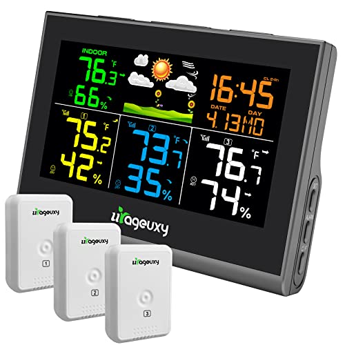 Urageuxy Weather Station with Multiple Sensors, Wireless Indoor Outdoor Thermometer Hygrometer with 3 Sensors, Weather Forecast