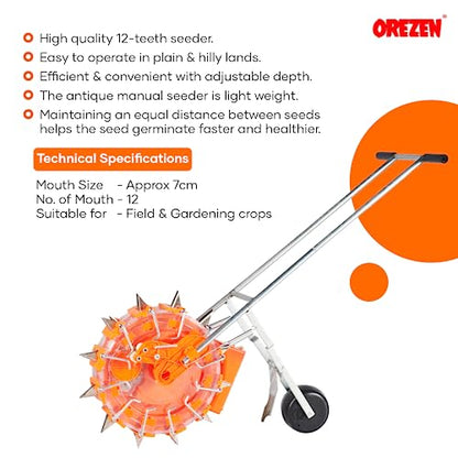 OREZEN Agricultural Manual Seeder | 12 Teeth Seeder | Hand Push Type Seed Machinery | Seed Drill | Seed Planting