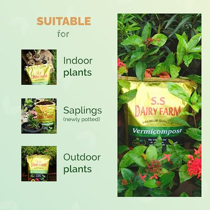 S.S. Dairy Farm Organic Vermicompost (JAIVIK KHAD) | Cow Manure & Earthworm | Best for Home Garden | Enriched Mineral for Potting Soil | Organic Compost Garden Soil | Nursery & Plants (10 KG)