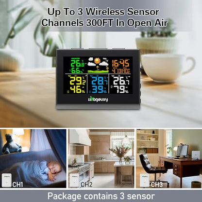 Urageuxy Weather Station with Multiple Sensors, Wireless Indoor Outdoor Thermometer Hygrometer with 3 Sensors, Weather Forecast