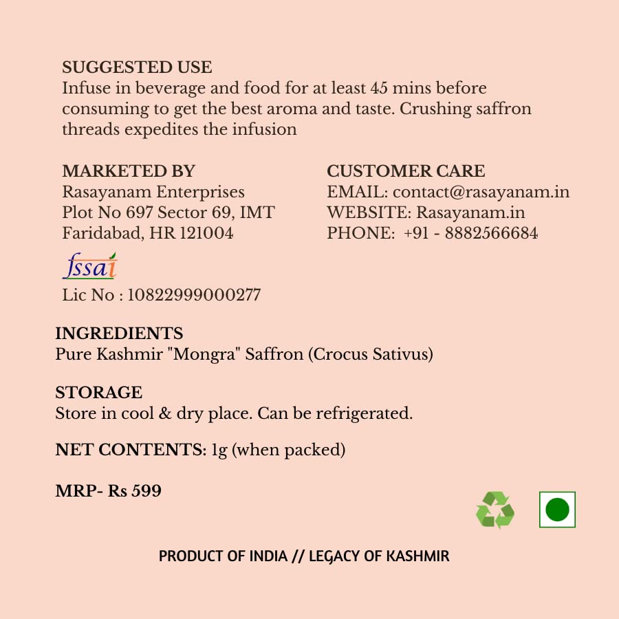 Rasayanam Pure Original Kashmiri Saffron/Kesar/Kumkuma Puvvu (1gm) | Certified highest Grade A | Saffron for pregnant women, Pooja rituals & Food aroma