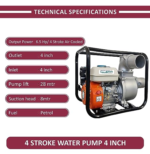 DVI 4 स्ट्रोक 6.5HP पोर्टेबल पेट्रोल वॉटर पंप (4 इंच) वॉटर पंप प्रगत तंत्रज्ञान पेट्रोल इंजिन 3600 RPM कृषी, पाणी उचल, कमी इंधन वापरासाठी वापरले जाते | दीर्घकाळ चालणारे जीवन.