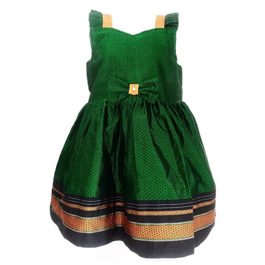Kritika Girl's Short Sleeves Traditional Ethnic Wear Reshim Cotton Khan Frock (9-12 Months) Green