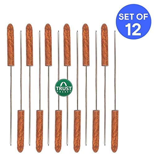 TrustBasket Extra Large Barbecue Skewers for BBQ Tandoor Grill - Set of 12| Pure Stainless Steel Reusable BBQ Sticks, Metal Grilling Skewers (Wooden Handle)