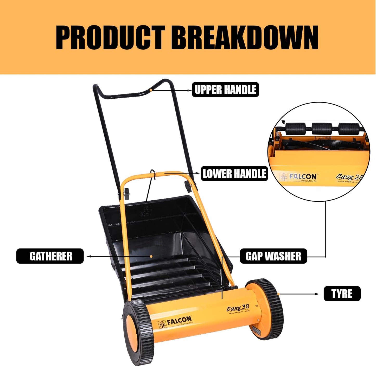 FALCON ‎EASY-38 15" Manual Cylindrical Lawn Mower 380mm Grass Cutting Machine with 20L Catcher Box for Maintaining Garden Yard Farm Upto 200 Square Meters