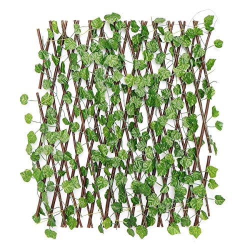 Go Hooked Artificial Expanding Wood Fence Trellis Artificial Plant Garden Green Wall Leaf Ivy Wood Fence for Home Decor Garden Decor Restaurant Decor (60 x 20 Inch, Pack of 1)