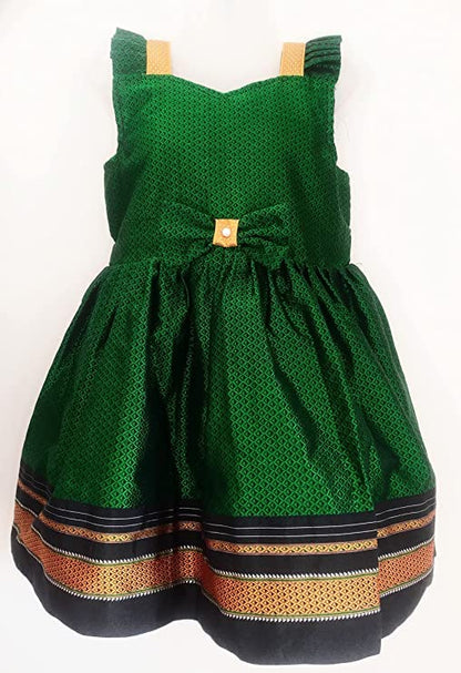 Kritika Girl's Short Sleeves Traditional Ethnic Wear Reshim Cotton Khan Frock (9-12 Months) Green