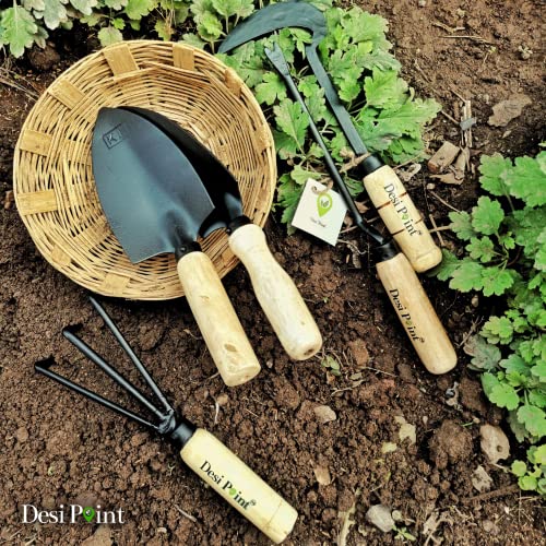 Desi Point Handmade Gardening Tools Set - Khurpi, Small Trowel, Big Trowel, Hand Weeder and Three Teeth Cultivator (Khurpi + 4 Tools)