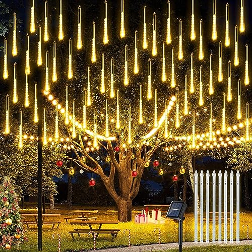 Homehop Solar Outdoor Meteor Tube String Lights 144 Led for Home Garden Balcony Terrace,Lawn Wall Waterproof Rechargeable Decorative Lamp Diwali Decoration Item (8 Stick,Warm Color)