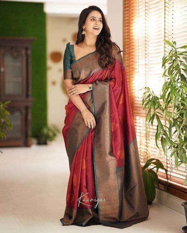 Buy Marvish Women's Kanjivaram Soft Lichi Silk Saree With Blouse
