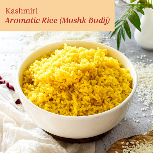 KANZ & MUHUL Natural Premium (2 Kg) Pure Mushk Budij Kashmiri Aromatic Rice Naturally Aged, Rich Aroma, Natural Scented Perfect Fit For Everyday | Highly Nutritious, Delicious Natural Fragrance Mushk Budij Kashmiri Aromatic Rice Basmati Rice 2 Kg
