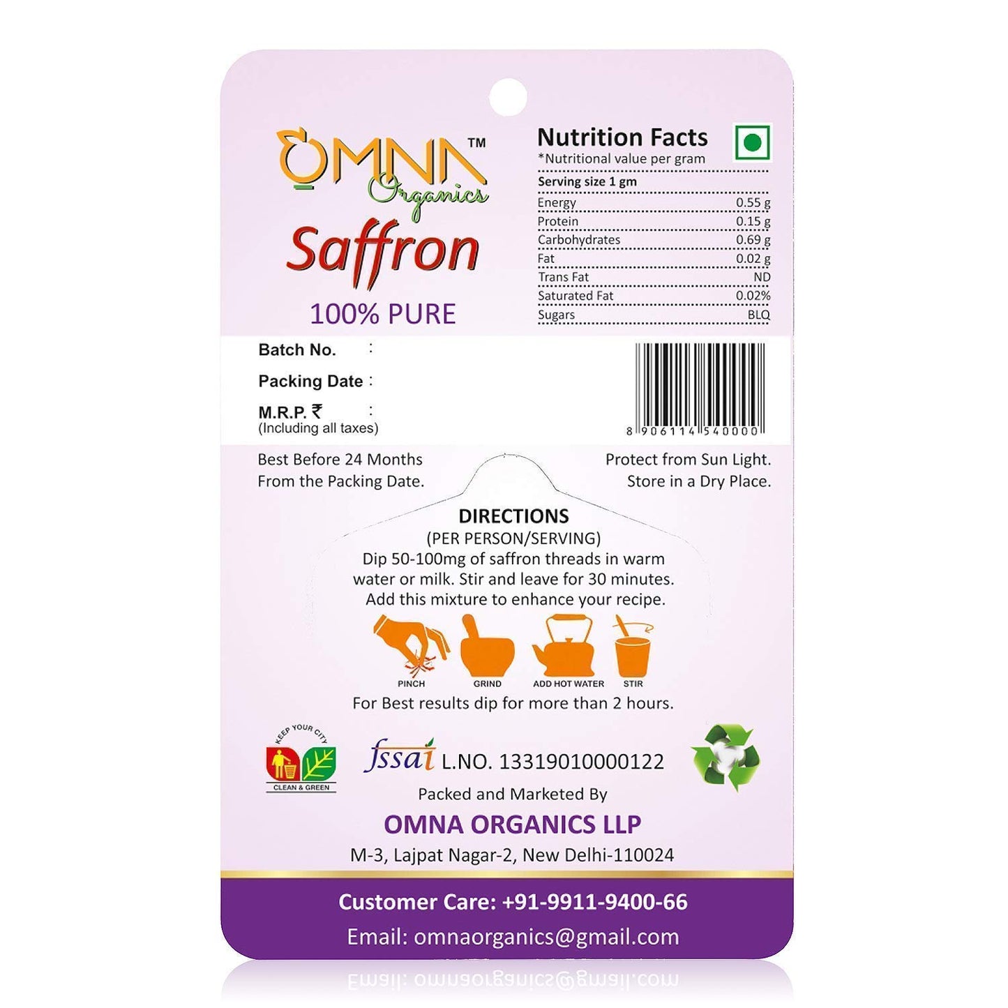 Omna Organics Kashmiri Kesar Saffron, Mongra, Pure Natural Kashmir Keshar for Pregnant Women, Kids, Biryani, Milk, Tea (2 Gram)