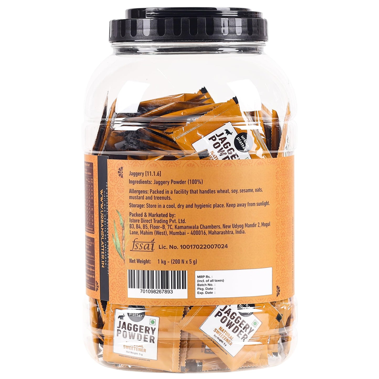 अर्बन प्लैटर गुड़ पाउडर पाउच, 1Kg / 35.2oz [200 पाउच, 5 ग्राम प्रत्येक]