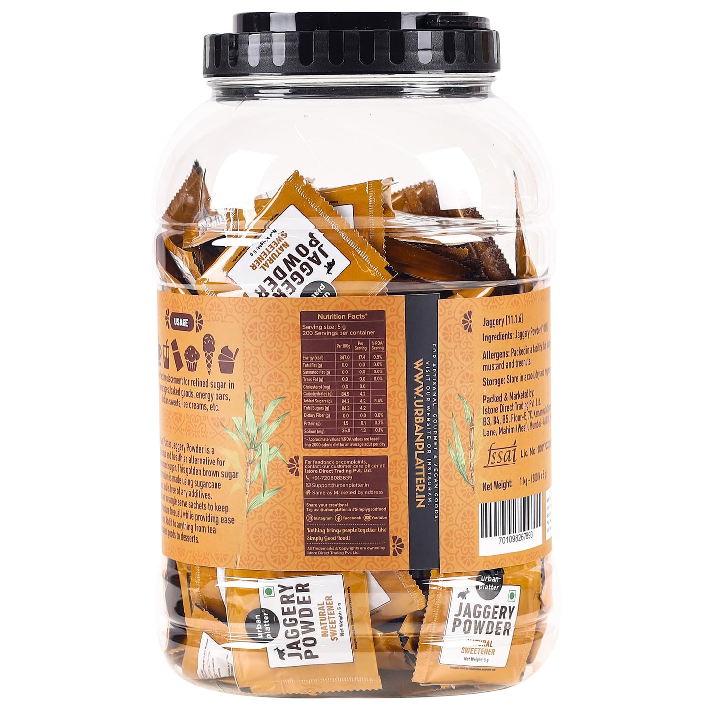 अर्बन प्लैटर गुड़ पाउडर पाउच, 1Kg / 35.2oz [200 पाउच, 5 ग्राम प्रत्येक]